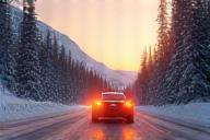 Car driving on snowy alpine road at sunset