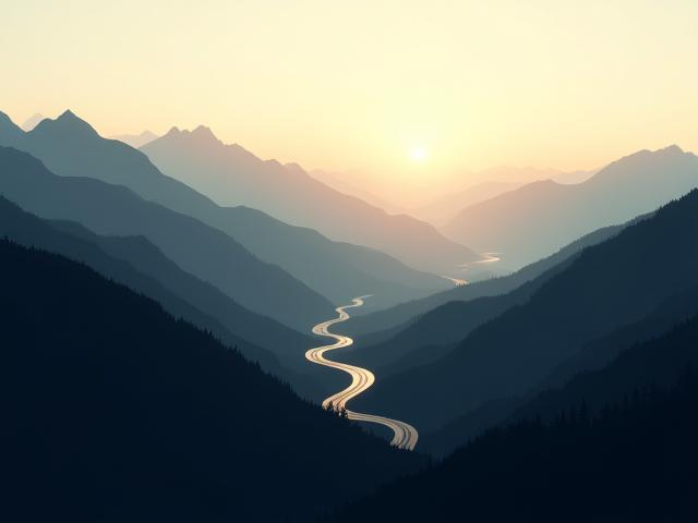 Silhouette of Swiss mountains with winding road